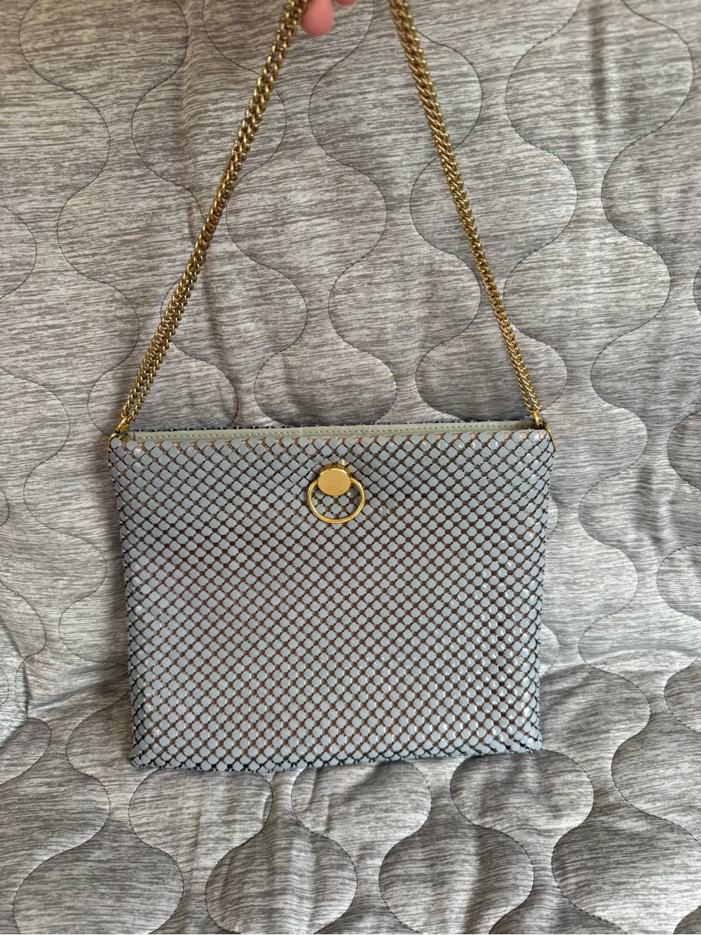 Gray Woven Chain-Shoulder Bag with Gold Hardware